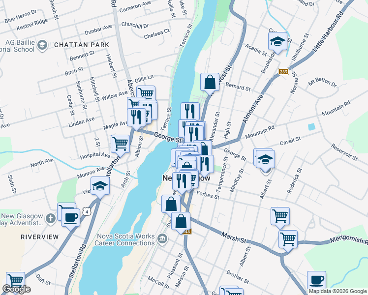 map of restaurants, bars, coffee shops, grocery stores, and more near 124 Riverside Parkway in New Glasgow
