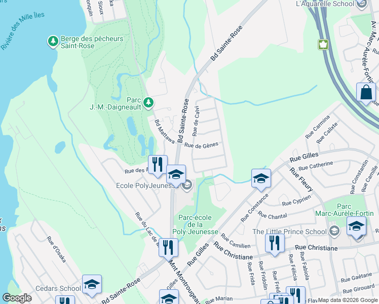 map of restaurants, bars, coffee shops, grocery stores, and more near 3517 Rue de Calvi in Laval