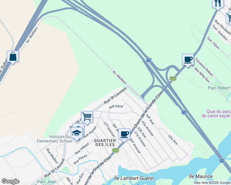 map of restaurants, bars, coffee shops, grocery stores, and more near 513 Rue Saint-Laurent in Saint-Eustache