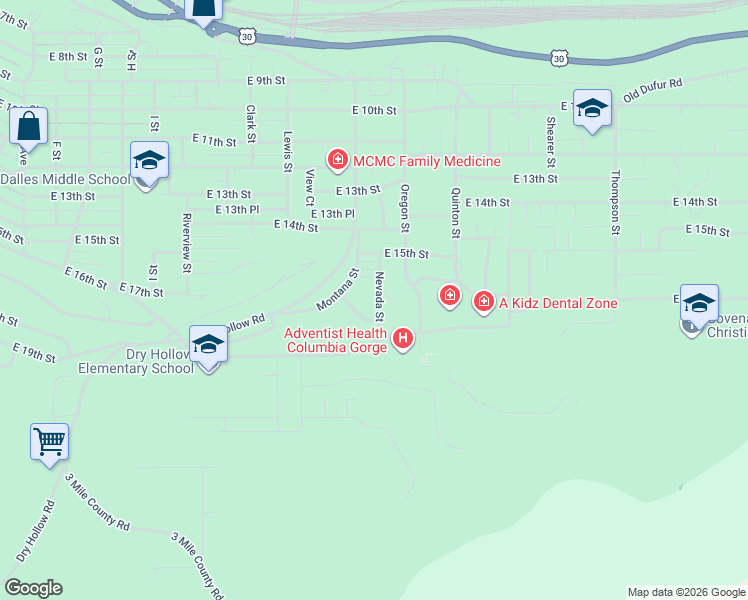 map of restaurants, bars, coffee shops, grocery stores, and more near 1701 Nevada Street in The Dalles