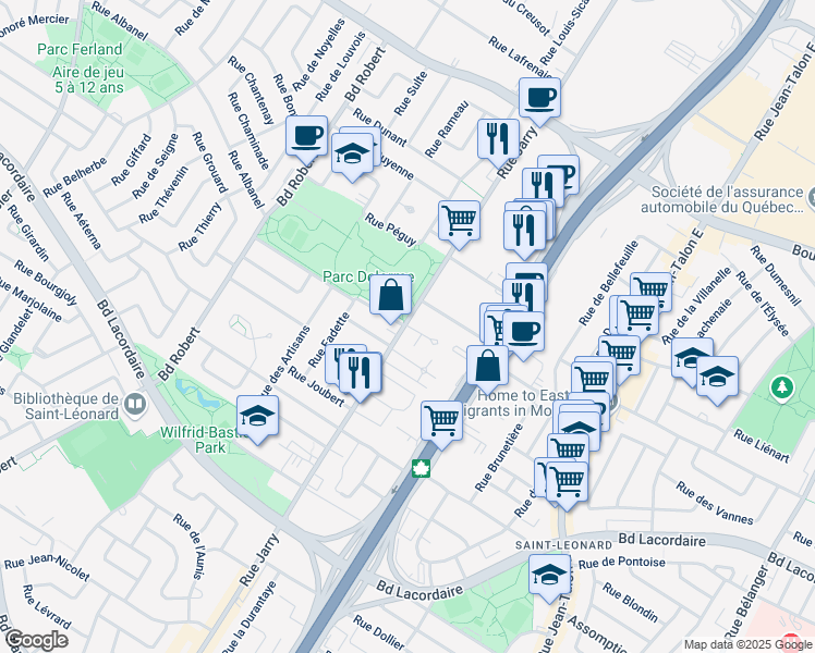map of restaurants, bars, coffee shops, grocery stores, and more near 7980 Rue Malouin in Montreal