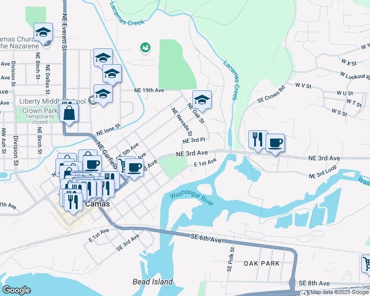 map of restaurants, bars, coffee shops, grocery stores, and more near 1301 Northeast 3rd Place in Camas