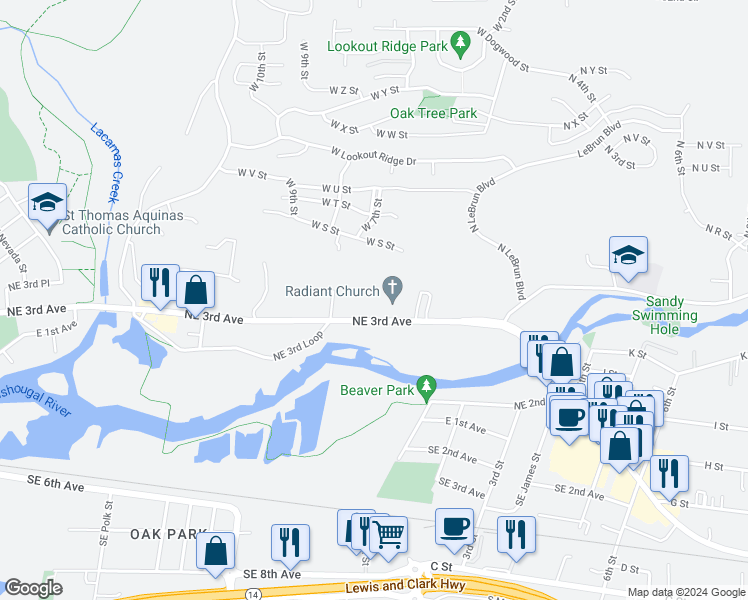 map of restaurants, bars, coffee shops, grocery stores, and more near 2717 Northeast 3rd Avenue in Camas