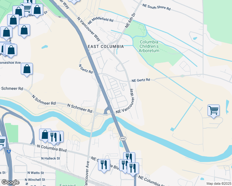 map of restaurants, bars, coffee shops, grocery stores, and more near 222 North Gertz Road in Portland