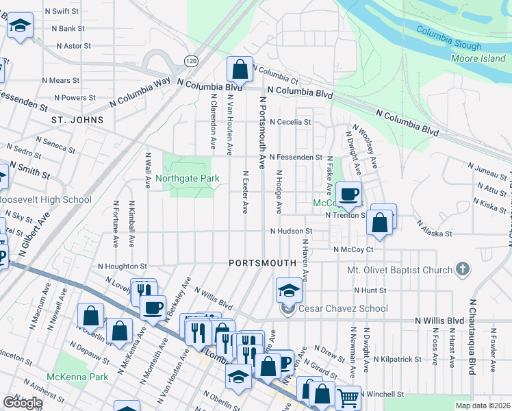 map of restaurants, bars, coffee shops, grocery stores, and more near 9216 North Portsmouth Avenue in Portland