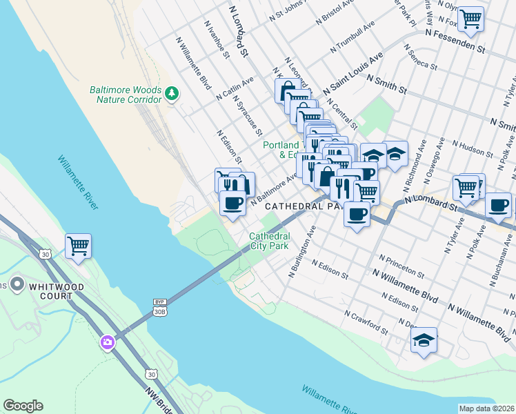 map of restaurants, bars, coffee shops, grocery stores, and more near 8845 North Decatur Street in Portland