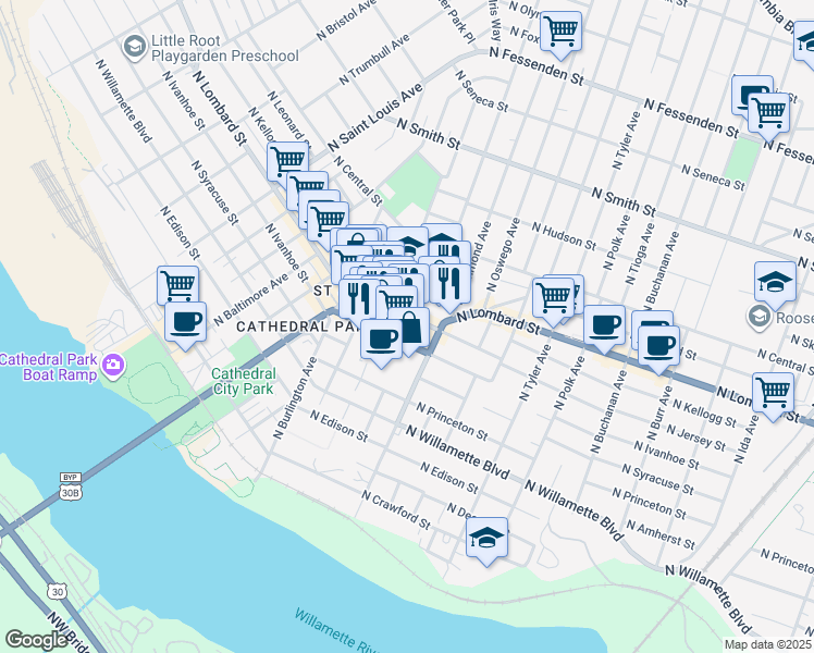 map of restaurants, bars, coffee shops, grocery stores, and more near 8409 North Lombard Street in Portland