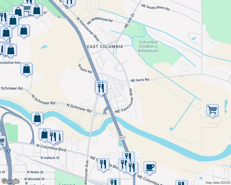 map of restaurants, bars, coffee shops, grocery stores, and more near 222 North Gertz Road in Portland