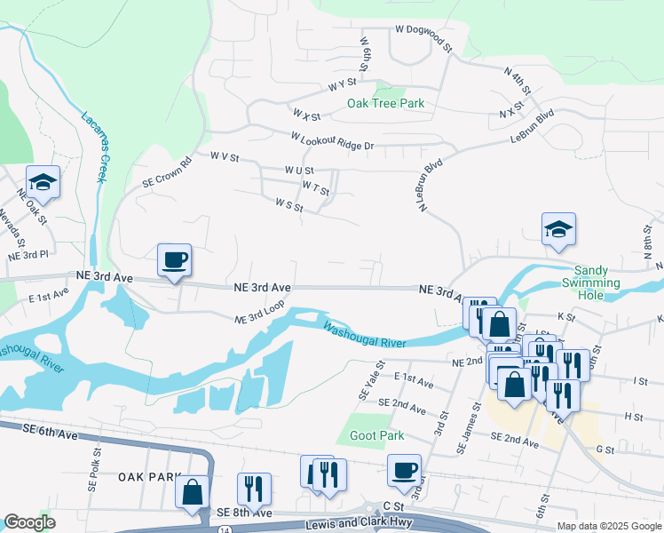 map of restaurants, bars, coffee shops, grocery stores, and more near 2717 Northeast 3rd Avenue in Camas
