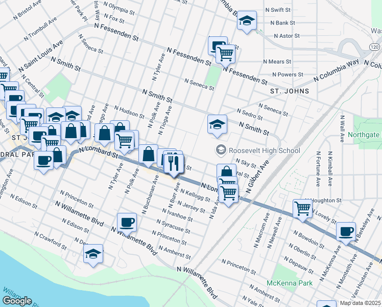 map of restaurants, bars, coffee shops, grocery stores, and more near 9098 North Burr Avenue in Portland
