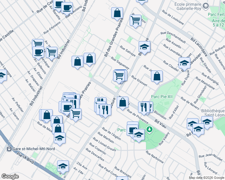 map of restaurants, bars, coffee shops, grocery stores, and more near 9171 Boulevard Viau in Montreal