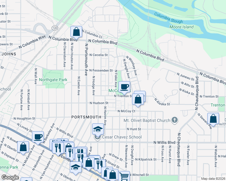 map of restaurants, bars, coffee shops, grocery stores, and more near 9237 North Haven Avenue in Portland