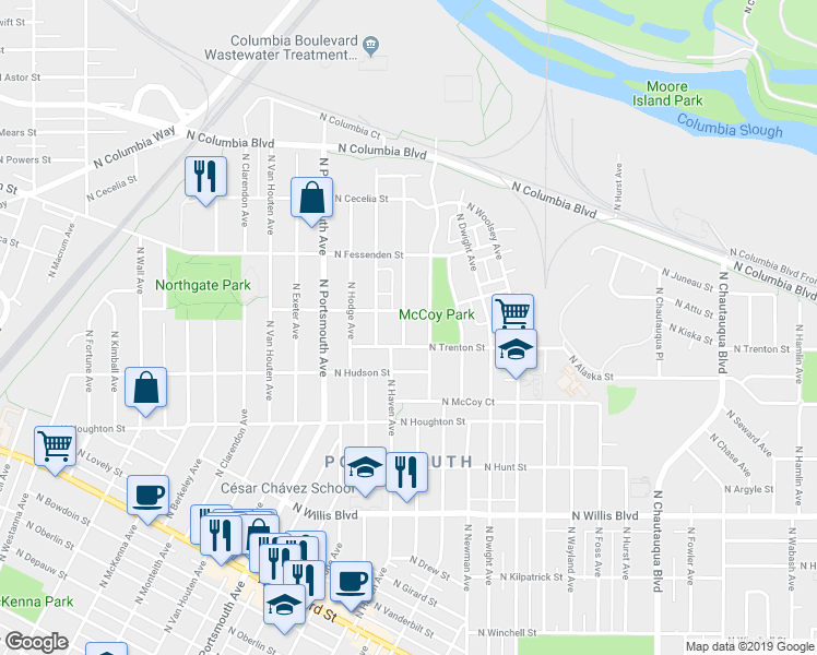 map of restaurants, bars, coffee shops, grocery stores, and more near 9237 North Haven Avenue in Portland