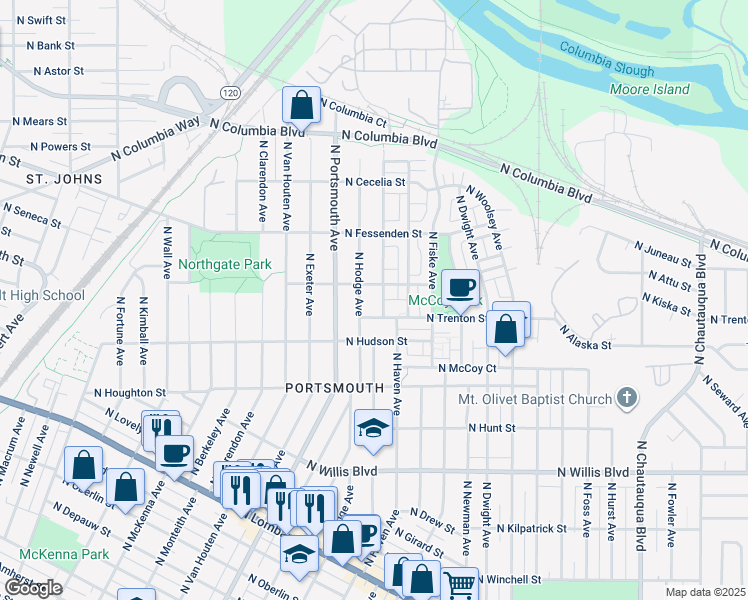 map of restaurants, bars, coffee shops, grocery stores, and more near 5122 North Newark Street in Portland