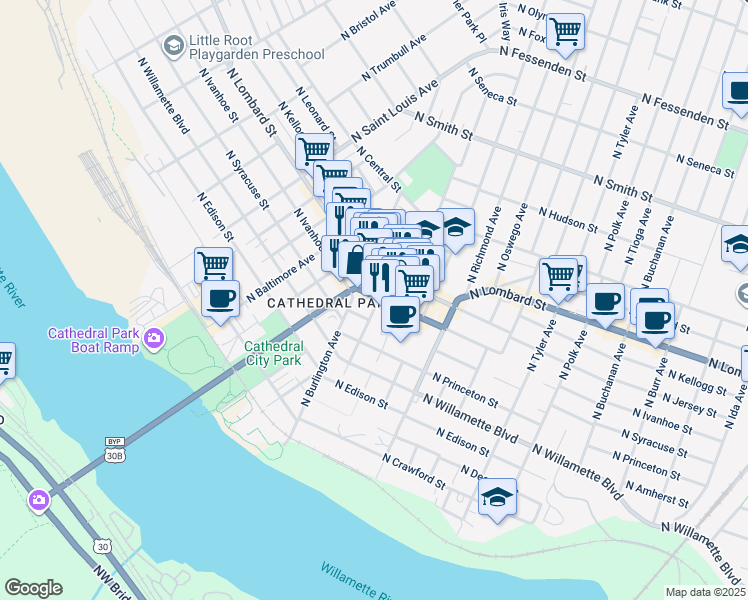 map of restaurants, bars, coffee shops, grocery stores, and more near in Portland