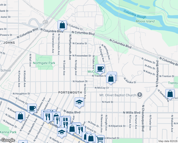 map of restaurants, bars, coffee shops, grocery stores, and more near 9237 North Haven Avenue in Portland
