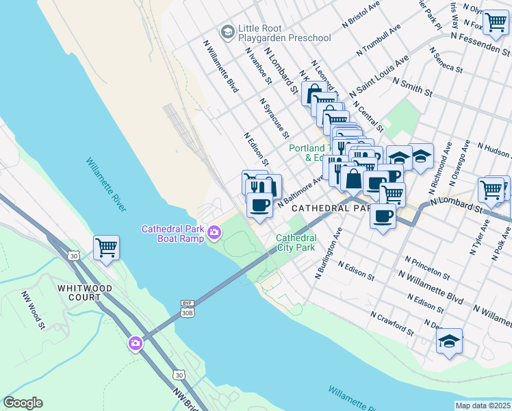 map of restaurants, bars, coffee shops, grocery stores, and more near 6635 North Baltimore Avenue in Portland