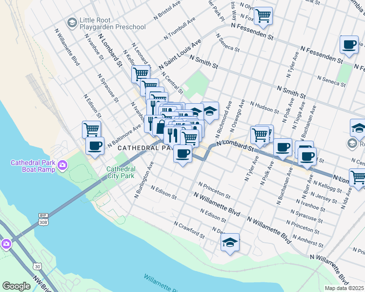 map of restaurants, bars, coffee shops, grocery stores, and more near in Portland