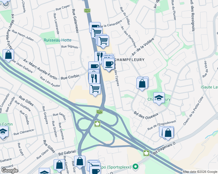 map of restaurants, bars, coffee shops, grocery stores, and more near 6454 Rue de l'Émerillon in Laval