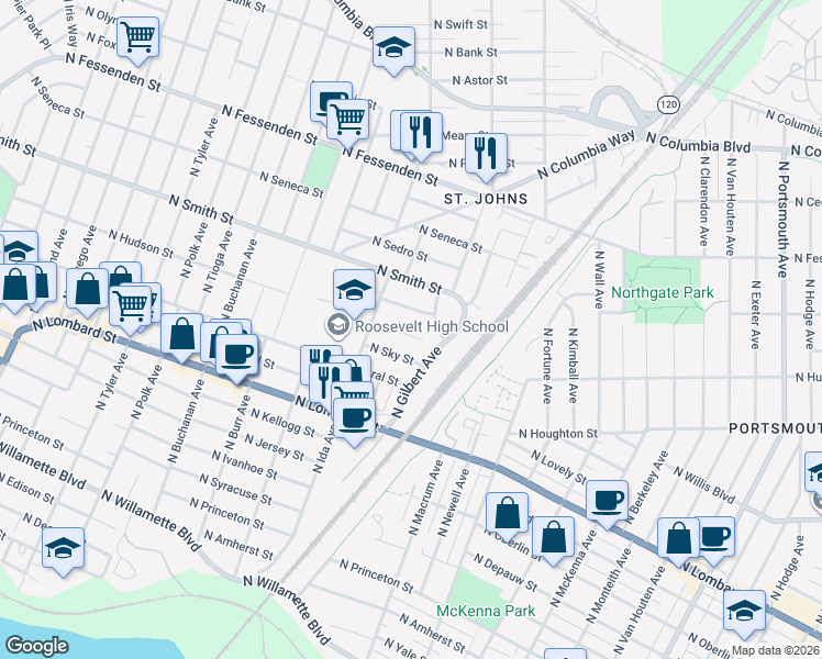 map of restaurants, bars, coffee shops, grocery stores, and more near 6843 North Hudson Street in Portland