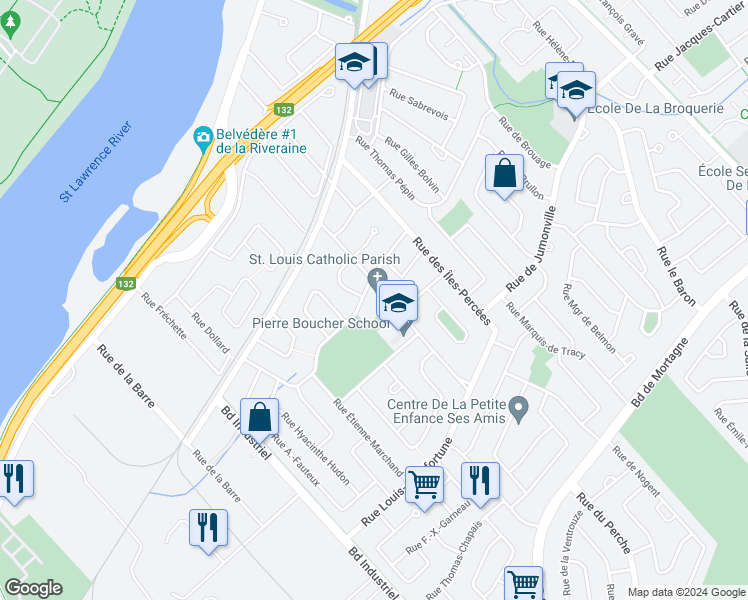 map of restaurants, bars, coffee shops, grocery stores, and more near 220 Rue Claude-Dauzat in Boucherville