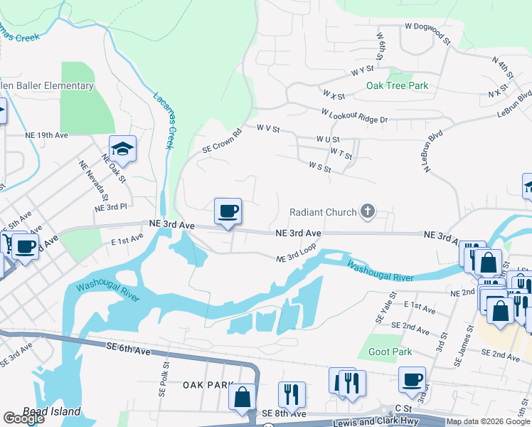 map of restaurants, bars, coffee shops, grocery stores, and more near 2193 Northeast 3rd Avenue in Camas