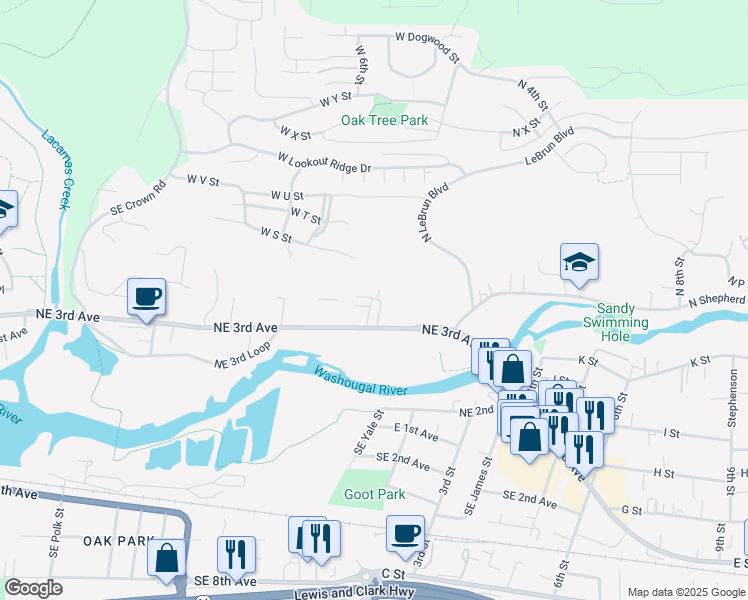 map of restaurants, bars, coffee shops, grocery stores, and more near 3003 Northeast 3rd Avenue in Camas