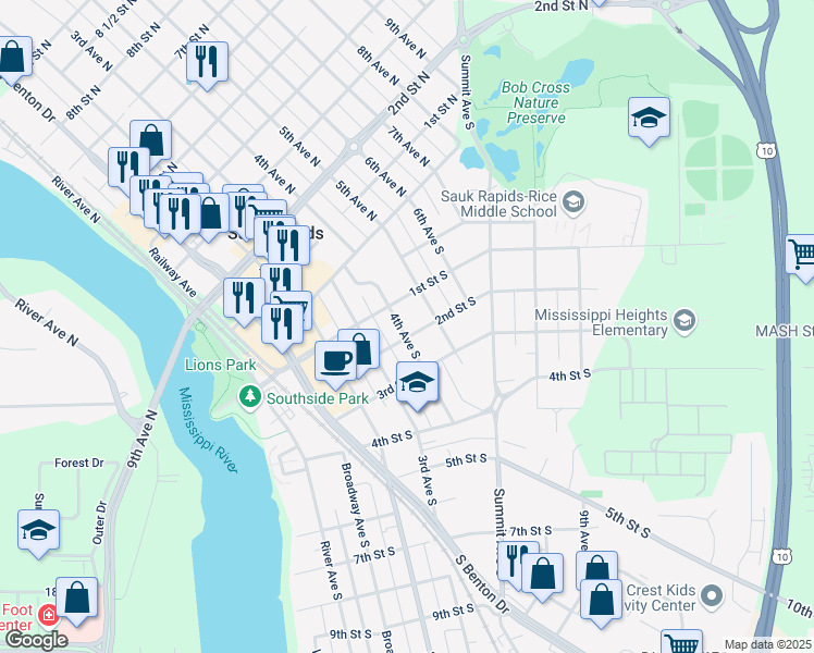 map of restaurants, bars, coffee shops, grocery stores, and more near 401 1/2 Street South in Sauk Rapids