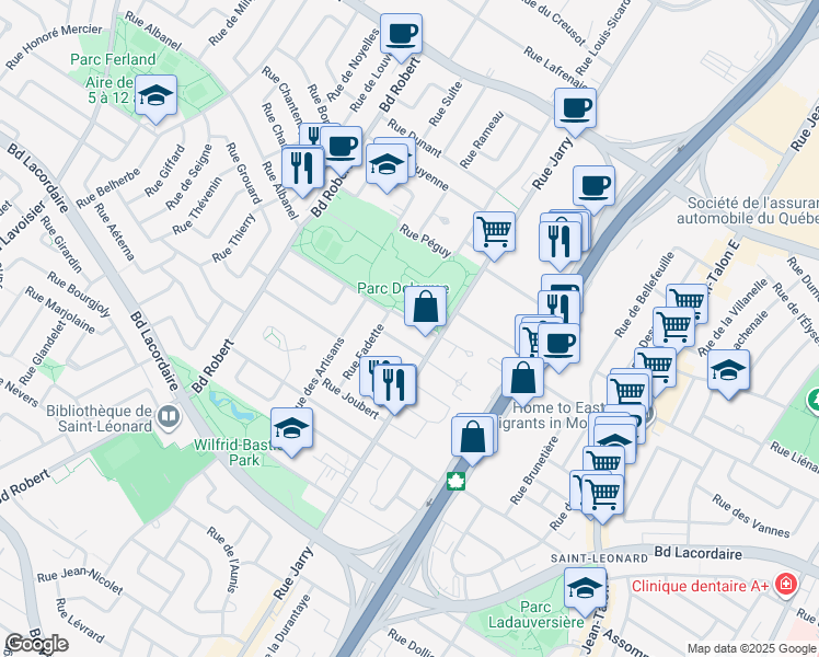 map of restaurants, bars, coffee shops, grocery stores, and more near 8104 Rue Malouin in Montréal