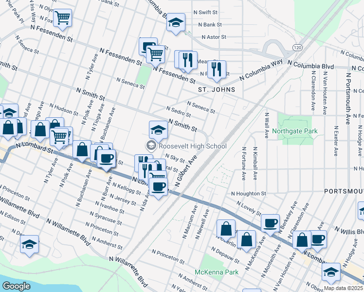map of restaurants, bars, coffee shops, grocery stores, and more near 6867 North Hudson Street in Portland