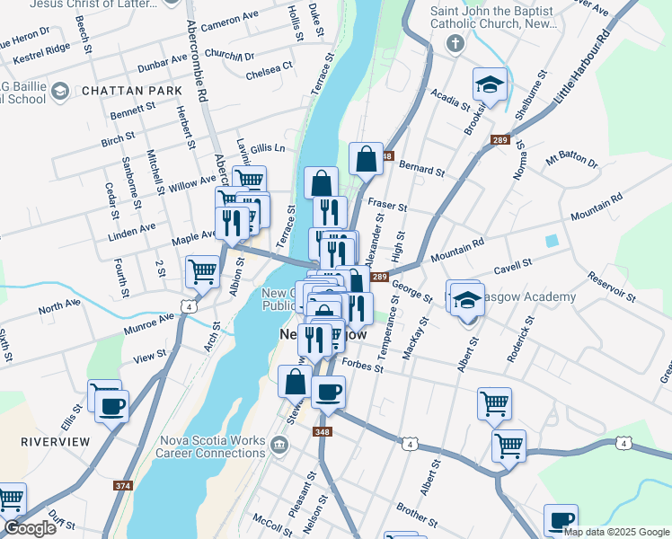 map of restaurants, bars, coffee shops, grocery stores, and more near 136 Nova Scotia 289 in New Glasgow