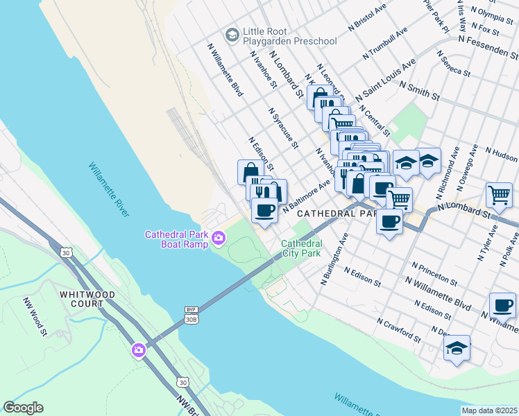 map of restaurants, bars, coffee shops, grocery stores, and more near 6700 N New York Ave in Portland