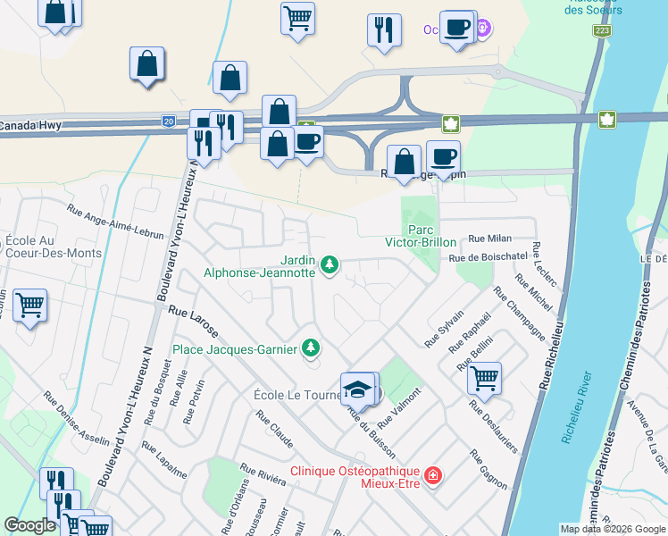 map of restaurants, bars, coffee shops, grocery stores, and more near 12 Avenue Carmen-Bienvenu in Beloeil