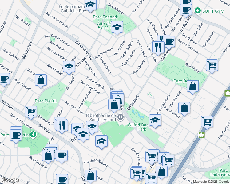 map of restaurants, bars, coffee shops, grocery stores, and more near Boulevard Lacordaire in Montréal