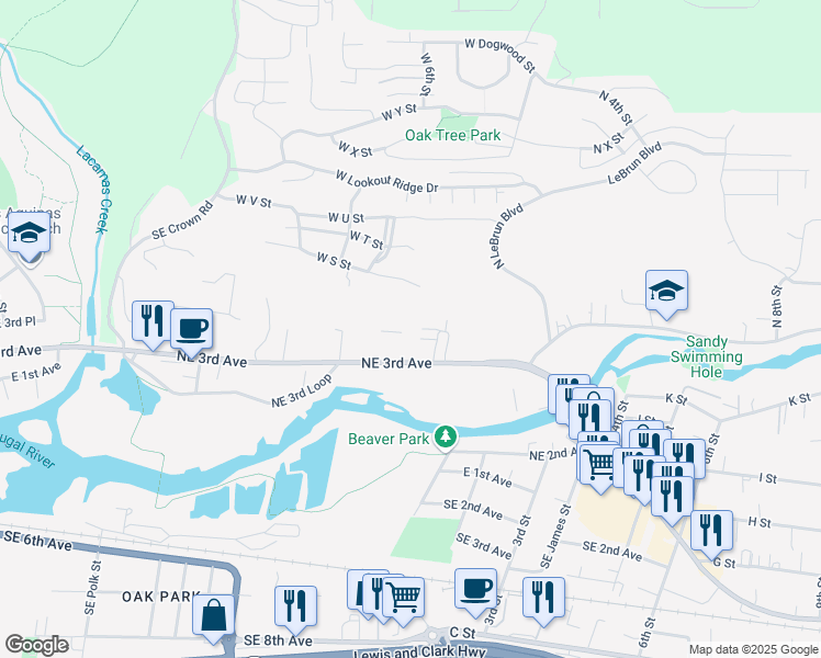 map of restaurants, bars, coffee shops, grocery stores, and more near 2717 Northeast 3rd Avenue in Camas