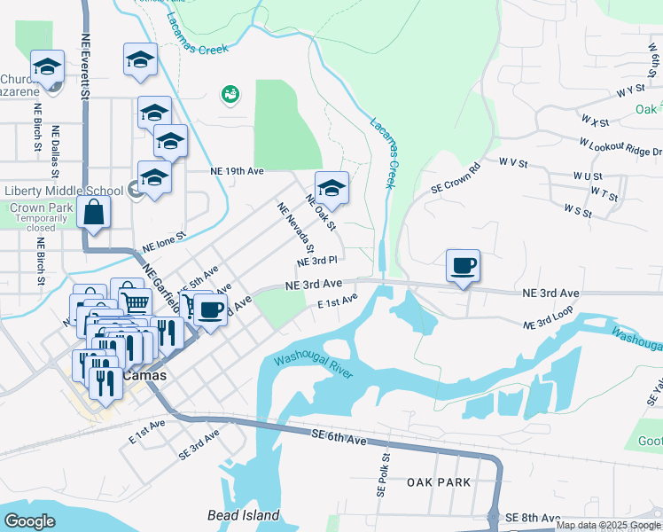 map of restaurants, bars, coffee shops, grocery stores, and more near 1518 Northeast 3rd Place in Camas