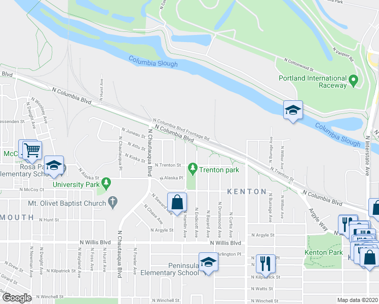 map of restaurants, bars, coffee shops, grocery stores, and more near 9213N North Endicott Avenue in Portland