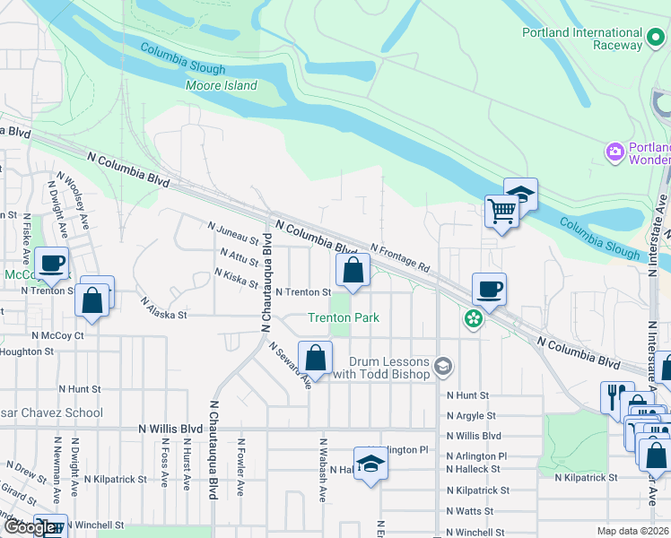 map of restaurants, bars, coffee shops, grocery stores, and more near 9213N North Endicott Avenue in Portland