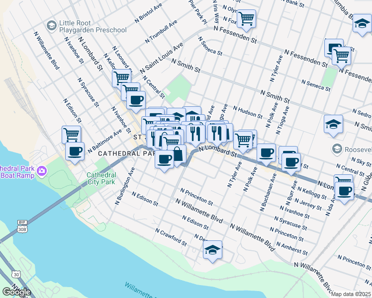 map of restaurants, bars, coffee shops, grocery stores, and more near 8191 North Lombard Street in Portland