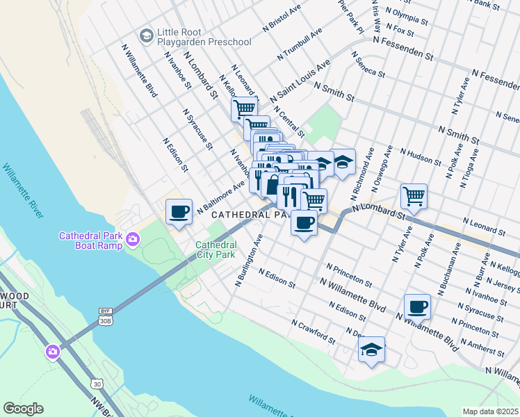 map of restaurants, bars, coffee shops, grocery stores, and more near in Portland