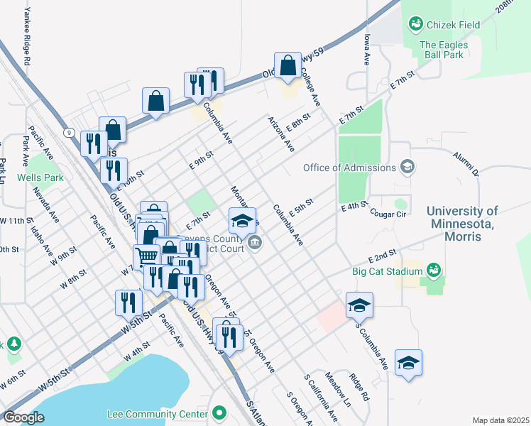 map of restaurants, bars, coffee shops, grocery stores, and more near 505 Columbia Avenue in Morris