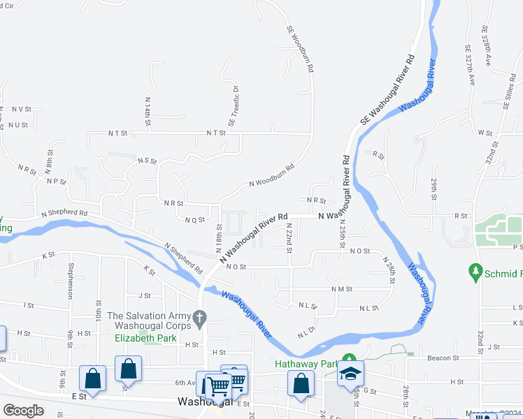 map of restaurants, bars, coffee shops, grocery stores, and more near 2001 North Q Circle in Washougal