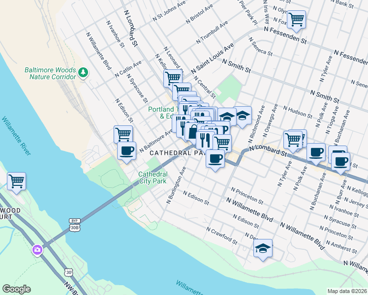 map of restaurants, bars, coffee shops, grocery stores, and more near in Portland
