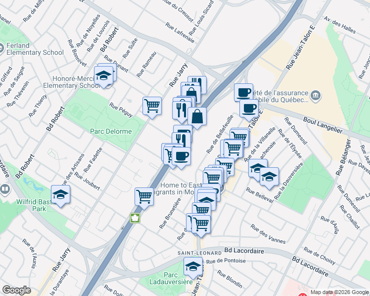 map of restaurants, bars, coffee shops, grocery stores, and more near 6068 Boulevard Métropolitain Est in Montréal