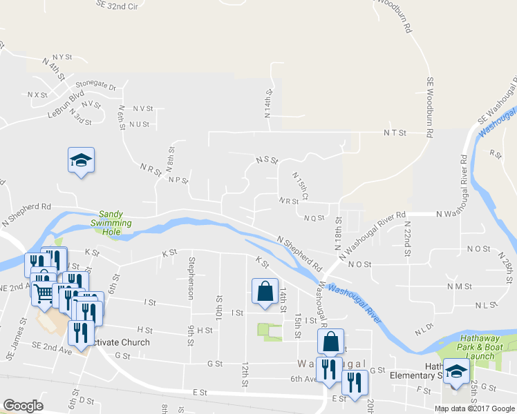 map of restaurants, bars, coffee shops, grocery stores, and more near 1237 North Q Circle in Washougal