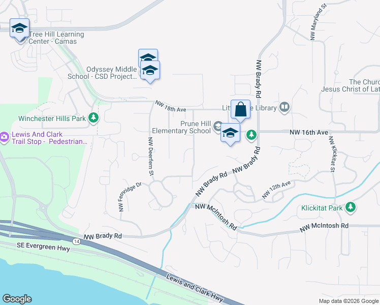 map of restaurants, bars, coffee shops, grocery stores, and more near 1407 Northwest Whitman Street in Camas