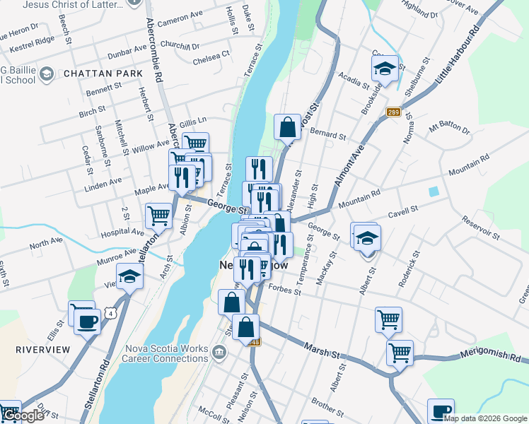 map of restaurants, bars, coffee shops, grocery stores, and more near 140 George Street in New Glasgow