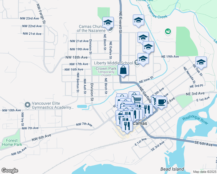 map of restaurants, bars, coffee shops, grocery stores, and more near 1318 Northeast Birch Street in Camas