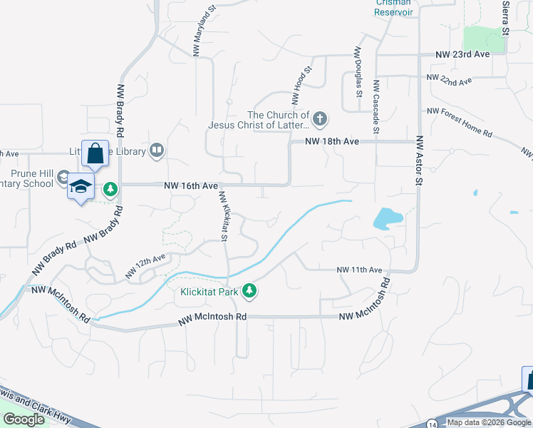 map of restaurants, bars, coffee shops, grocery stores, and more near 3345 Northwest 14th Avenue in Camas