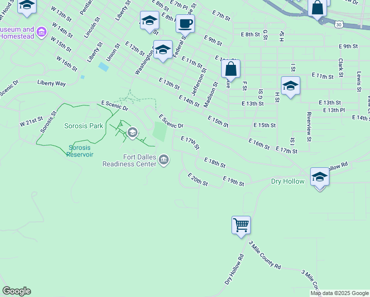 map of restaurants, bars, coffee shops, grocery stores, and more near 611 East 18th Street in The Dalles